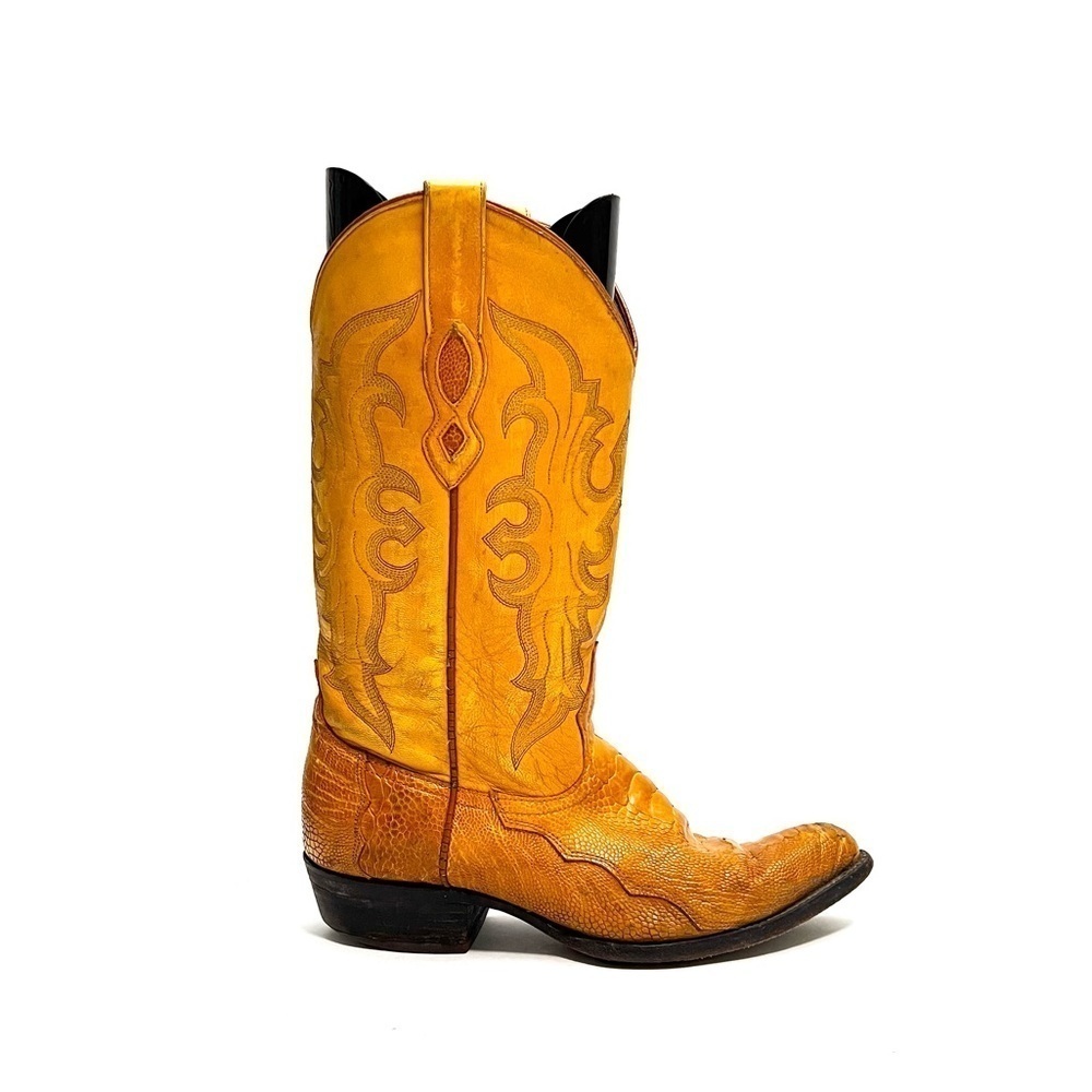 Vintage 1970s men’s tan leather reptile inlay pointed toe cowboy boots
